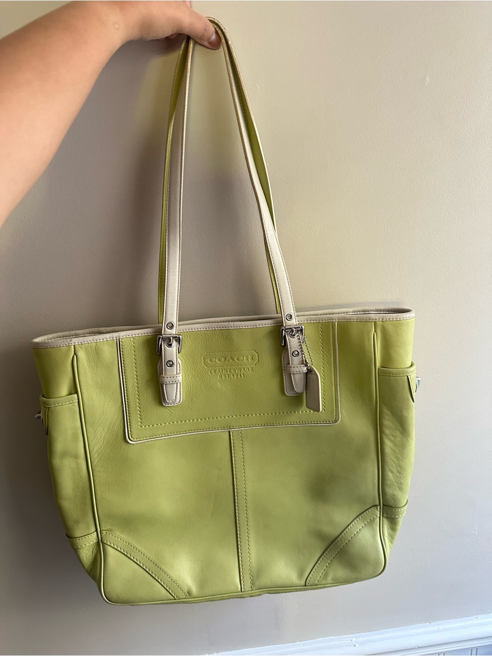 Coach hampton Leather Tote with in lime green and Cream Trim
